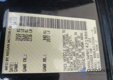 2015 Nissan Altima 2.5 Sl from USA, damaged, VIN 1N4AL3AP8FC421986